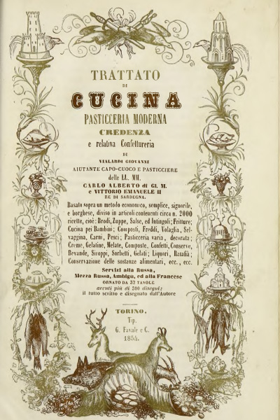 BIBLIO  L'arte Cucinaria in Italia. Trattato teorico pratico e  dimostrativo della cucina italiana e delle principali straniere,  applicabile a qualsiasi servizio sia per cucina di lusso che per quelle  d'albergo e