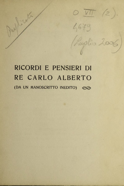 Ricordi e pensieri di Re Carlo Alberto